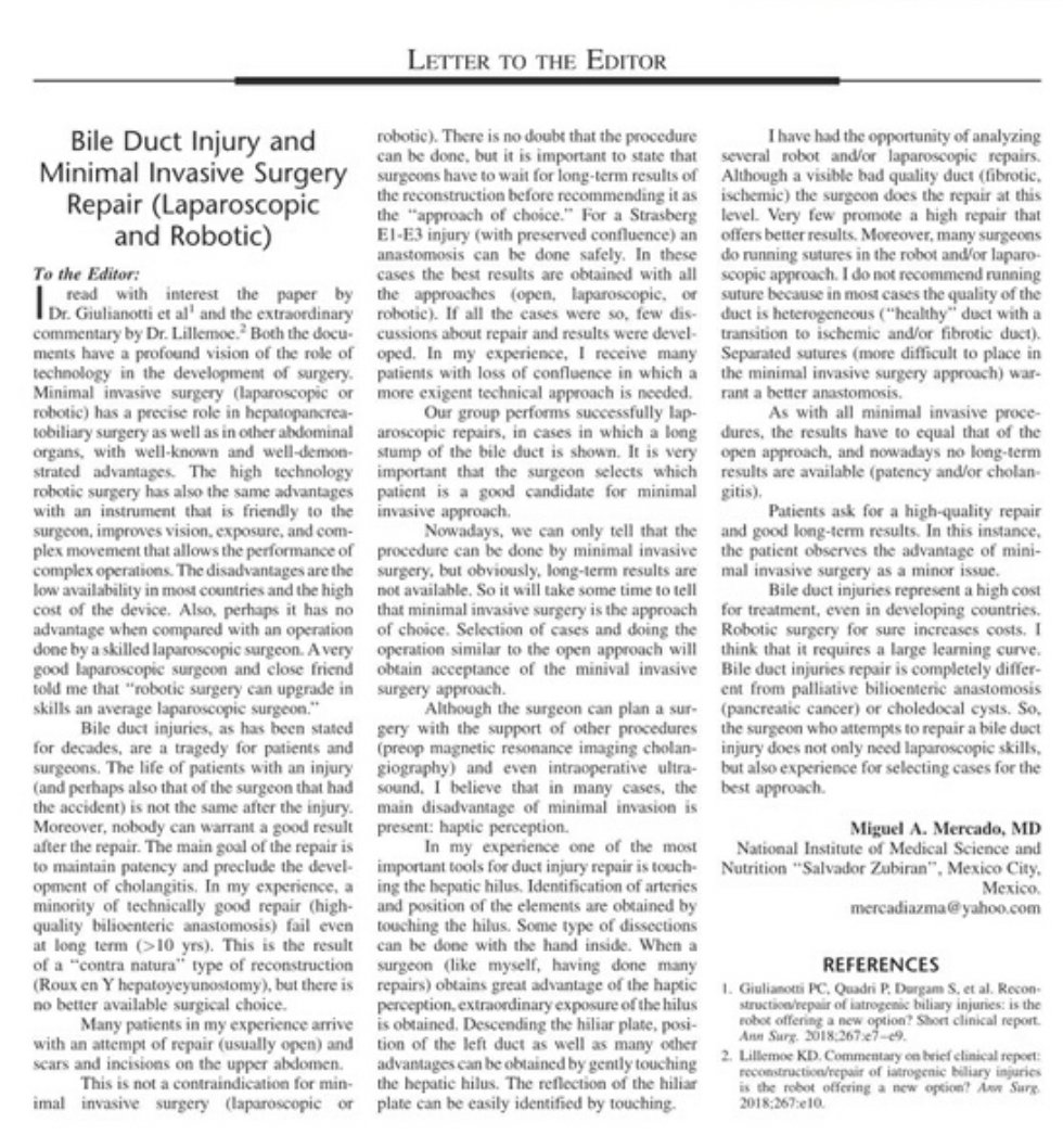 Reparación de un lesión de vías biliares por #Cirugía de mínima invasión, por un #Cirujano mexicano: Dr. Miguel Ángel Mercado 🇲🇽 <a href="/AnnalsofSurgery/">Annals of Surgery</a> 2018
