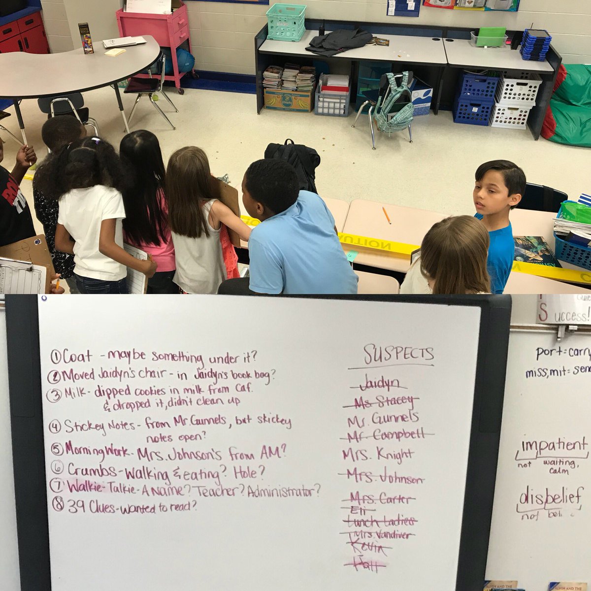 mrs_sknight's tweet photo. We had a Cookie Thief in our class today! The kids loved this “crime scene” activity! Huge thank you to @ChrisGunnelsHES for being our cookie thief and going along with the students interrogating you. Thank you to @wburns_reading for helping set up our crime scene! @HarvestElem https://t.co/LYXFwbfKu9