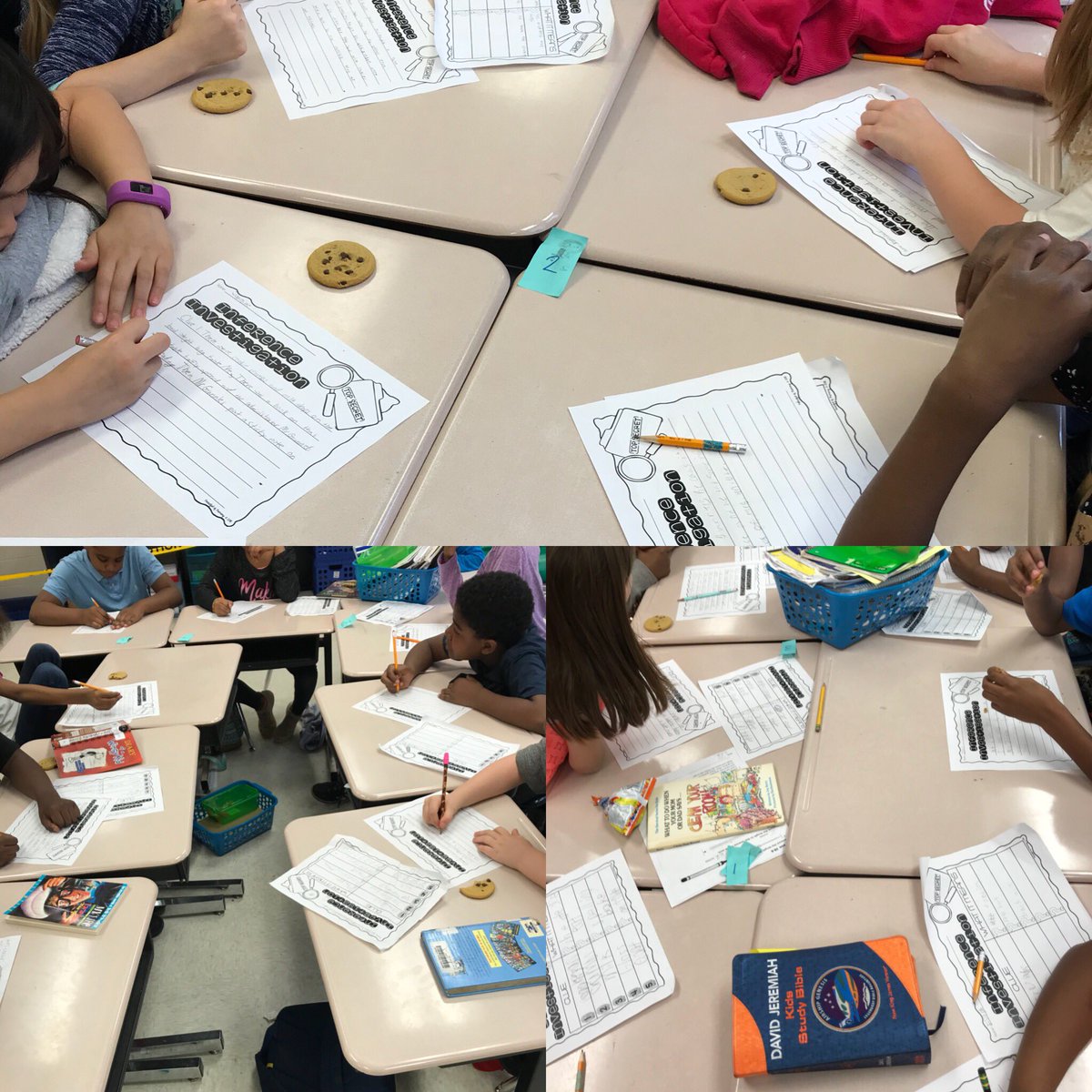 mrs_sknight's tweet photo. Enjoying our cookies we took back from Mr. Gunnels while we reflect and write about our investigation! #digdeeper   Another big shoutout to all of the teachers that were interrogated and on our “Suspects” list. Y’all are awesome! #BeBoldMCSS @HarvestElem https://t.co/SdM5m4V2yy