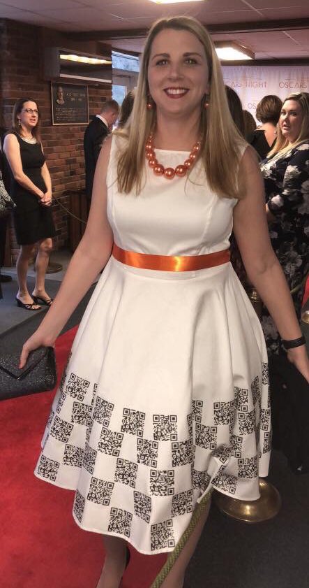 ChoateNotes's tweet photo. Here’s another look at my #FlipGrid dress full of student videos via QR codes from our district-wide staff banquet. Our students are why we are here, so why not showcase them on my wardrobe?! #LoveMyJob #CapeTigers #CTshines https://t.co/NHqSi6xBsi