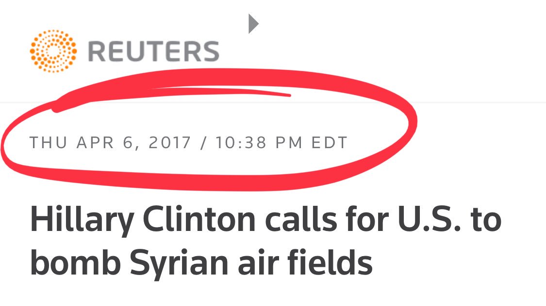 rtyson82's tweet photo. Hillary sycophants trying to paint Trump’s bombing of Syria as some sort of vindication when she wanted this to happen LAST YEAR is amazing to behold https://t.co/vqaKweepy8