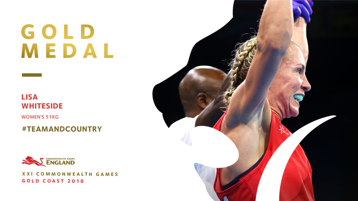 TeamEngland's tweet photo. GOLD for @LisaWhiteside 🥊

It's her first international 🥇 - what a fantastic achievement.

#TeamAndCountry #GC2018Boxing https://t.co/JtCzeU4vdF