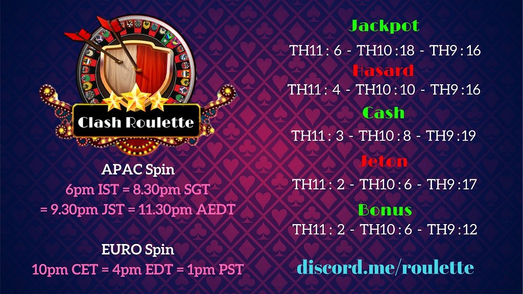 Hey hey ! Marre du mismatch (cf la video de <a href="/gouloulou_coc/">Gouloulou</a>)? 
Ça tombe bien, y a une Roulette ce lundi 16 avril, lancement 22 heures ! 
discord.gg/8726hy3
<a href="/ClashofClansFce/">Clash of Clans FR</a>