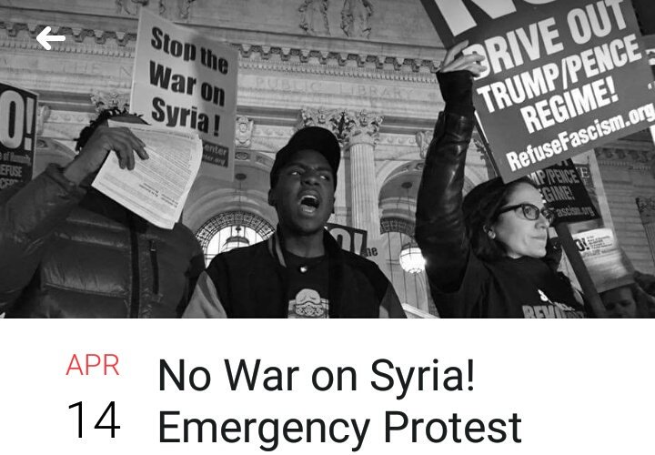 RevComCorpsNYC's tweet photo. NO WAR ON SYRIA! Emergency protest tomorrow beginning at Union Sq. South, 12pm followed by march to Trump Tower 1pm. #TrumpPenceMustGO https://t.co/8kGoSl7zSy https://t.co/g3pQ3ge5EJ
