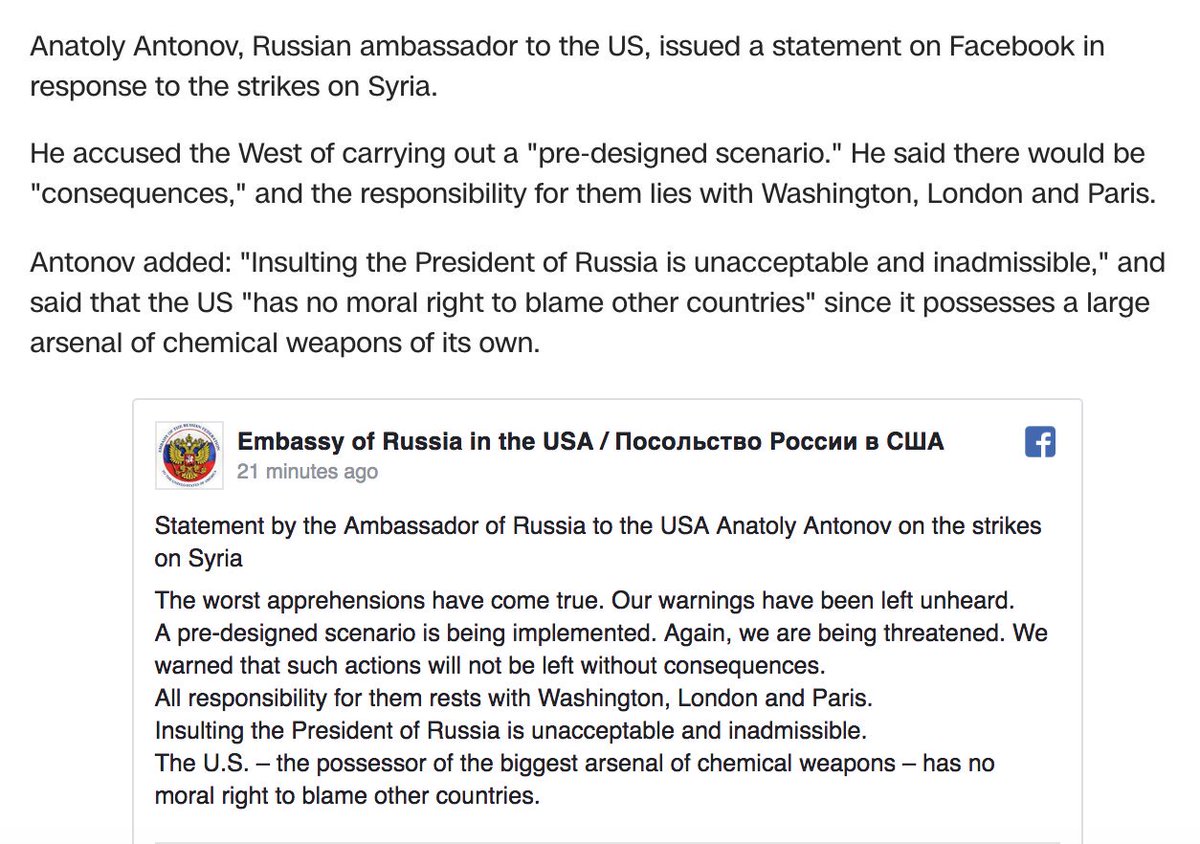 JaroGiesbrecht's tweet photo. #Russianambassador #AnatolyAntonov warns US of "consequences" after strikes on #Syria
#SyriaStrikes
#Syriagasattack https://t.co/aTGHIavROL