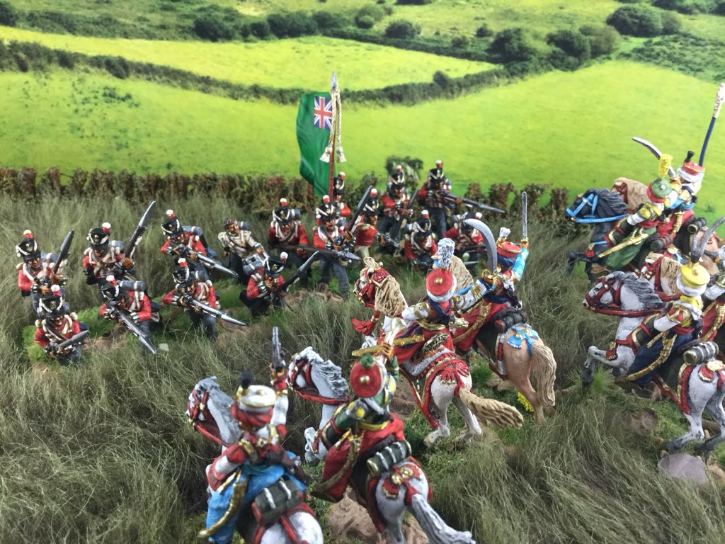Oldwargamer's tweet photo. #Napoleonic #French  #mamelukes charge the #British #ThinRedLine. #FrontRankMiniatures #RedCoats and @GRINGO40S Mamelukes. #28mm #wargames #wargaming #wargamer https://t.co/qHRS1ja5E3