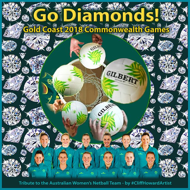 ducttape12's tweet photo. Australian women’s netball team, the #Diamonds, competes against NZ today 5pm, at Comm’th Games Gold Coast. Congrats to both teams reaching semifinal. #GC2018 #7CommGames #CliffHowardArtist #CommGamesAUS #theheraldsun #AUSOlympicTeam #FirstpostSports #SkyNetball #GilbertNetball https://t.co/NouFrOxuEl