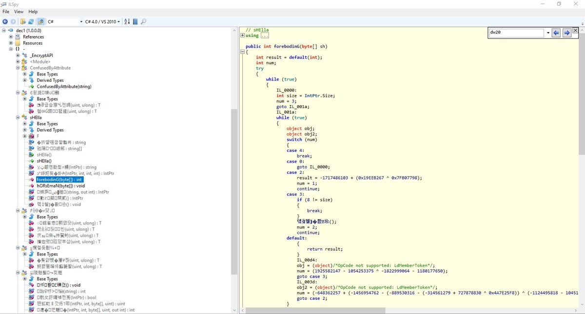 DissectMalware's tweet photo. Extracted heavily #obfuscated #net bin from #encrypted (#AES) &amp; #encoded (#Base64) string in a #VBA embeded in an #RTF doc (exec by #servlet)
Absolutely no detection by AVs 
#VBA macro #dynamically #invokes one of the #NET method
@Dinosn @ItsReallyNick @hasherezade  @lennyzeltser https://t.co/zftluq933u