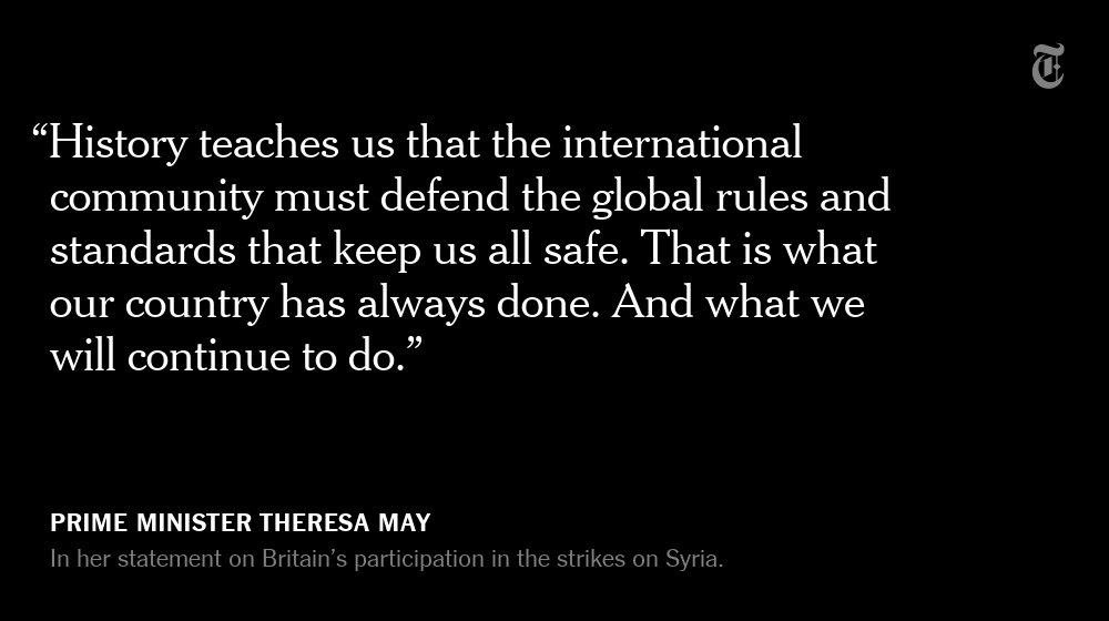 nytimes's tweet photo. Statements by Prime Minister Theresa May of Britain and President Emmanuel Macron of France on the Syria strike
https://t.co/8Q1BzPbeJs https://t.co/nu8UX5Sa11