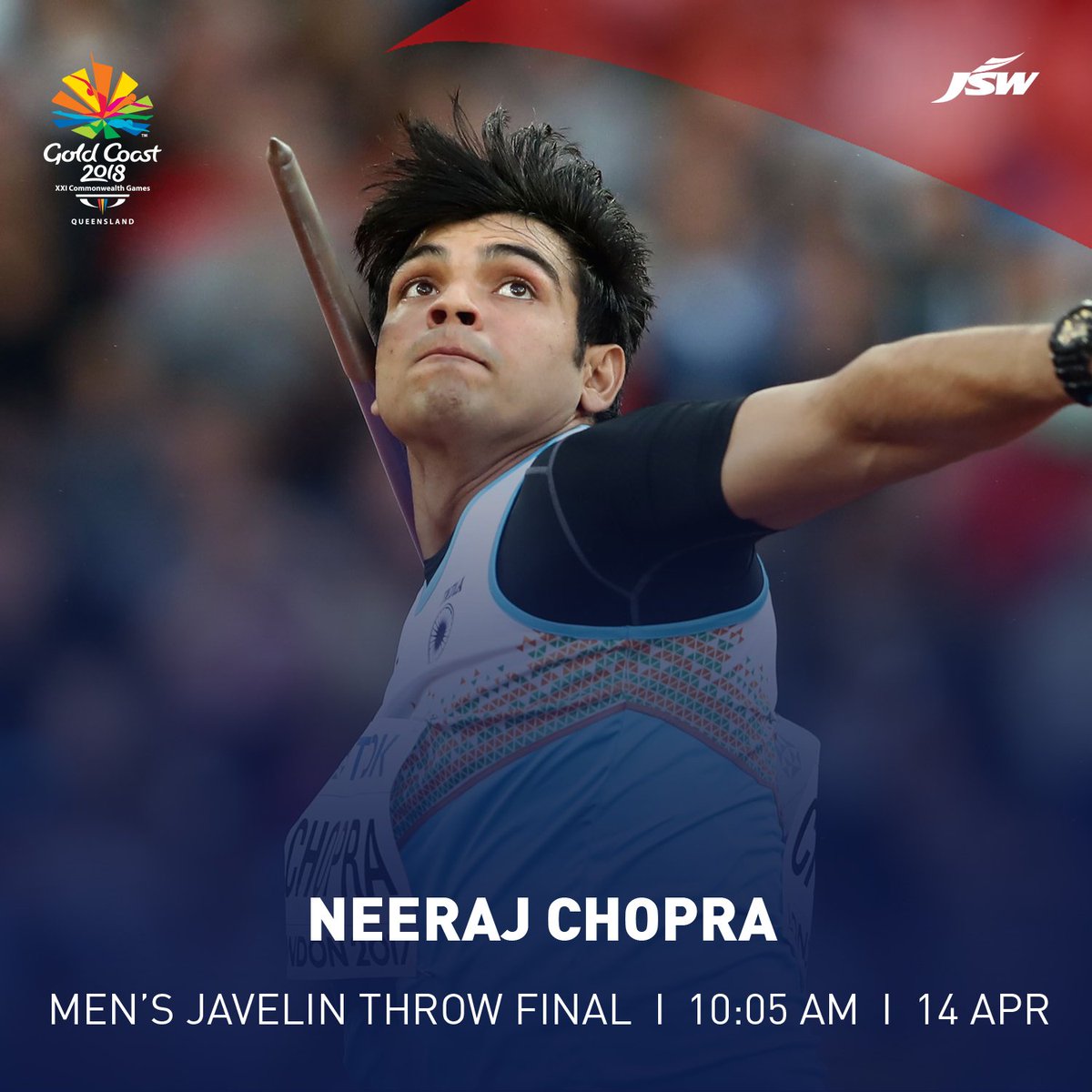 jswsports's tweet photo. We're ready to go! @Neeraj_chopra1's Men's Javelin Throw final at #GC2018 begins in just over an hour. Stay tuned! #GC2018Athletics #MissionGoldCoast https://t.co/SmLfaAhM4z