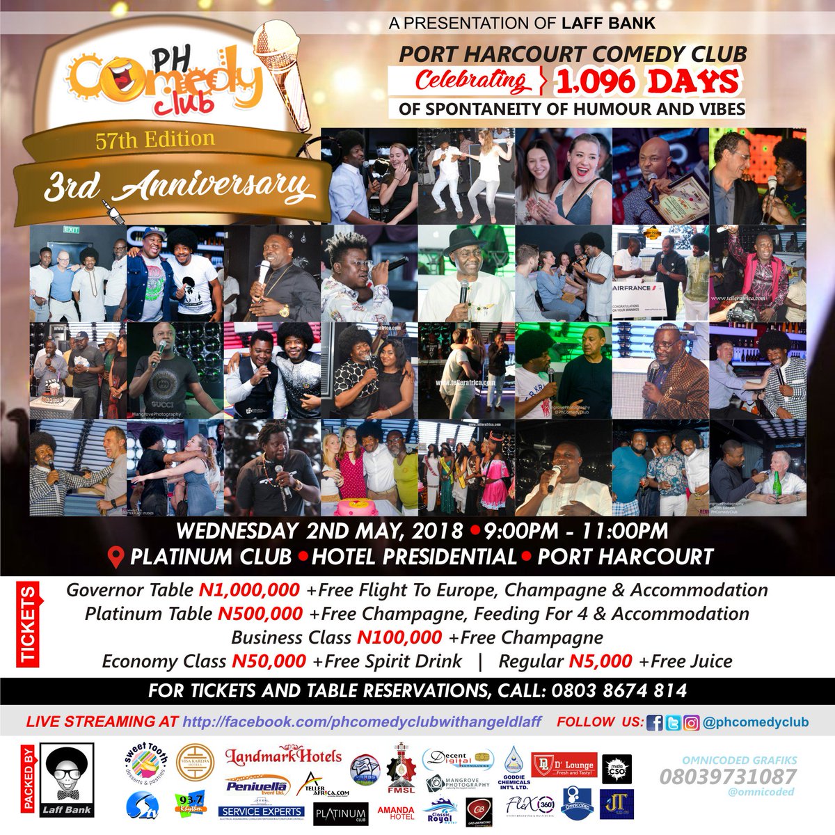 phcomedyclub's tweet photo. Port Harcourt Comedy Club celebrates her 3rd Anniversary
2ND MAY 2018  |  PLATINUM CLUB, HOTEL PRESIDENTIAL, PORT HARCOURT.
For tickets/seat reservation, call 08038674814 https://t.co/acH7YOBnxB