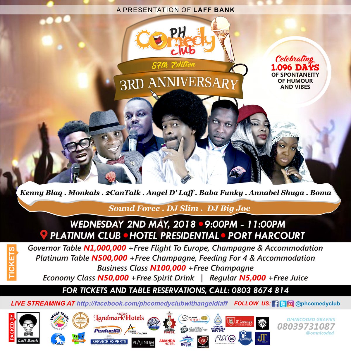 phcomedyclub's tweet photo. Port Harcourt Comedy Club celebrates her 3rd Anniversary
2ND MAY 2018  |  PLATINUM CLUB, HOTEL PRESIDENTIAL, PORT HARCOURT.
For tickets/seat reservation, call 08038674814 https://t.co/acH7YOBnxB