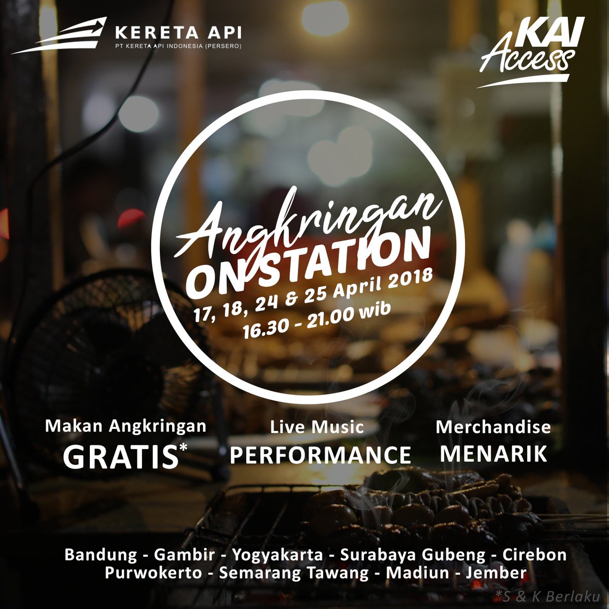 Doyan makan di #Angkringan? 
#AngkringanOnStation akan hadir di Stasiun Bandung, Gambir, Jogja, Surabaya Gubeng, Cirebon, Purwokerto, Semarang Tawang, Madiun dan Jember. 
Nikmati makan gratis, live music dan dapatkan merchandise menarik.

Tunjukin #BoardingPass atau #KAIAccess.