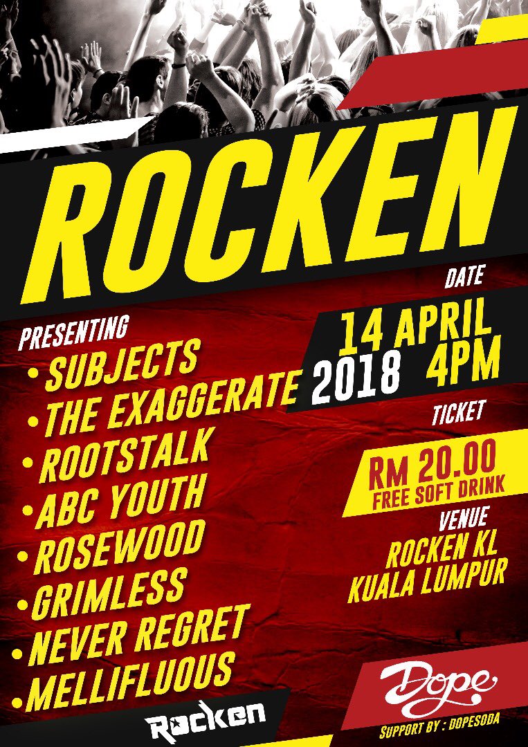 #KL TODAY April14 ROCKEN 4pm Rocken (C18-1,1st Floor, SriDesaEntrepreneur’sPark) #KUCHAILAMA ft. @subjectsband #TheExaggerate <a href="/Rootstalk/">The Rootstalk</a> #ABCYouth <a href="/rosewoodreggae/">Rosewood</a> #Grimless <a href="/NeverRegrethc/">NEVER REGRET</a> #Mellifluos