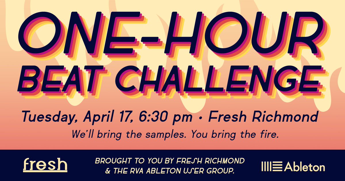 BumpREC's tweet photo. Hey Richmond. If you miss the ol' Beat Cypher, the RVA Ableton User Group is hosting a "one-hour beat challenge" this Tuesday at Fresh Richmond – 213 E. Broad St. https://t.co/R5D2ipfUzt