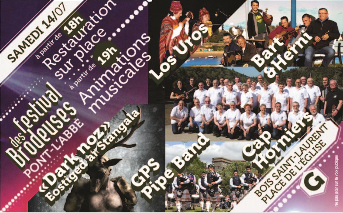 fdbrodeuses's tweet photo. Programme du samedi 14 juillet #brodeuses
#PascalJaouen #GPSPipeBand #CapHorniers #BartetHerni #LosUros https://t.co/t8AR2lBRF7