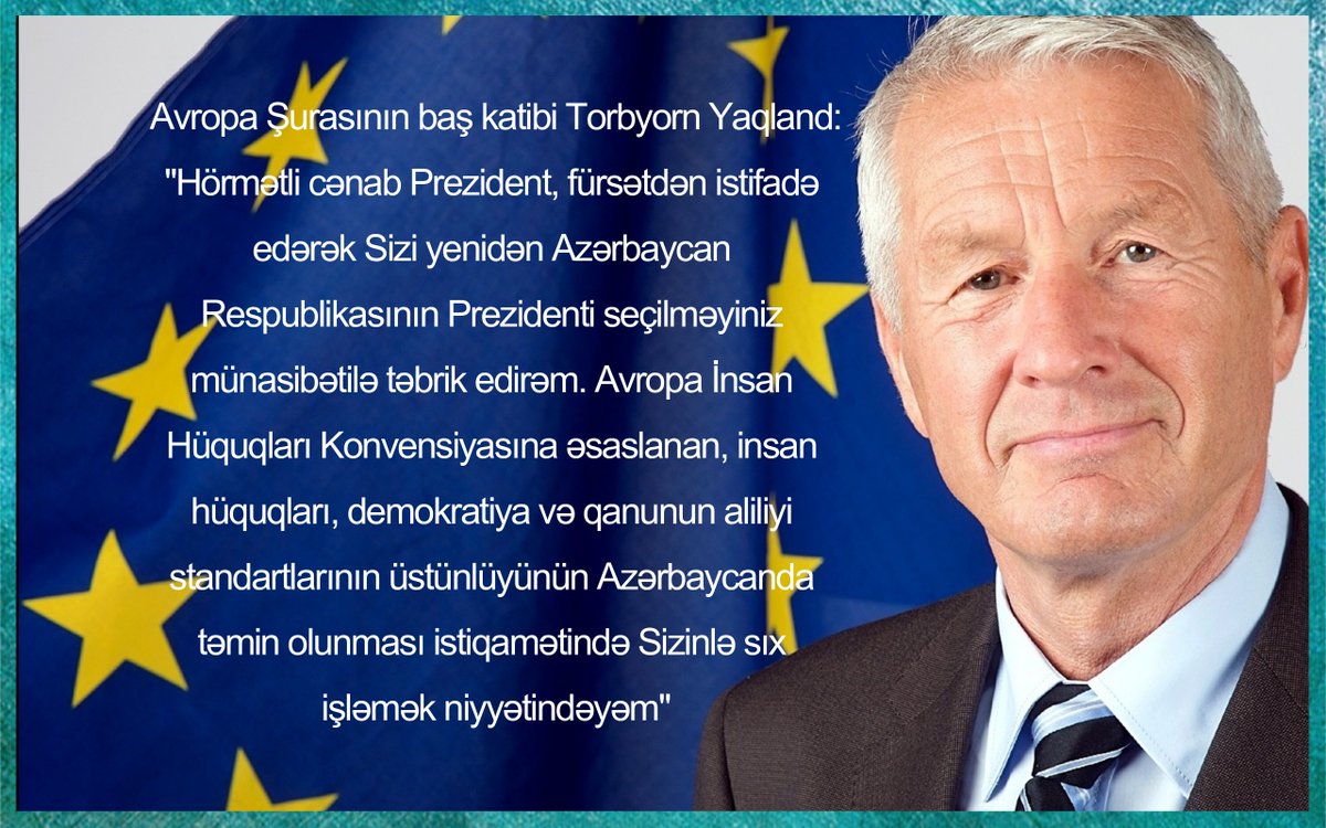sevil_mammadova's tweet photo. #CoE #AvropaŞurası'nın baş katibi Torbyorn Yaqland #Azərbaycan Respublikasının prezidenti İlham Əliyevi seçkilərdə qələbə qazanması münasibətilə təbrik edib. @coe @TJagland #Azerbaijan https://t.co/bGXOaT9nnk