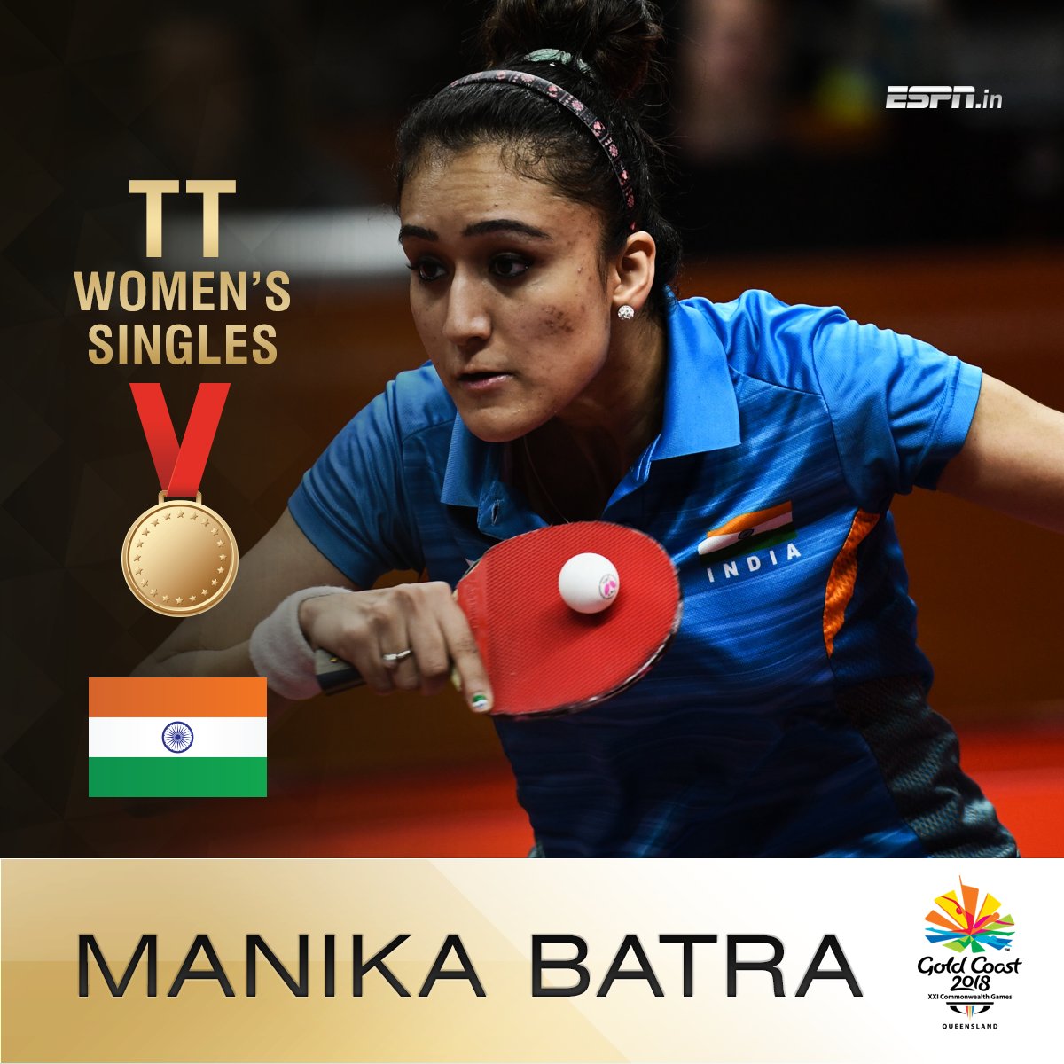 ESPNIndia's tweet photo. GOLD! 

A sensational performance from Manika Batra in the women's singles final, beating Yu Mengyu 11-7, 11-6, 11-2, 11-7 

https://t.co/YHG7rxA3Qb #GC2018 #CWG2018 #GC2018TableTennis https://t.co/JKzykTsdJU