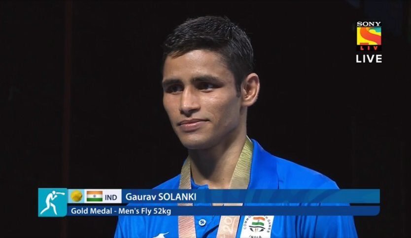 WeAreTeamIndia's tweet photo. #TeamIndia's Boxing gloves turned into medal minting factories on Day 10 of the #GC2018 #CommonwealthGames as #GauravSolanki won his #GC2018Boxing Men's 52kg Final Bout earlier against #BrendanIrvine of #TeamNIR!
Another Gold ๐ฅinto India's kitty! #Congratulations Gaurav! ๐โ https://t.co/VSo00sOhA0