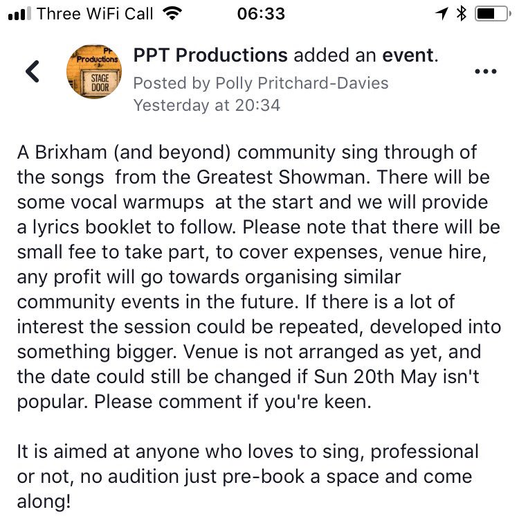 Vixbrix's tweet image. Do you love the Greatest Showman ? Fancy a community sing through of the songs ? In Brixham ? The sister who is the drama teacher is planning this. See PPT productions on Facebook - guess I better watch it ! Miss 6 years knows a LOT of the songs. #singalong #brixham #may