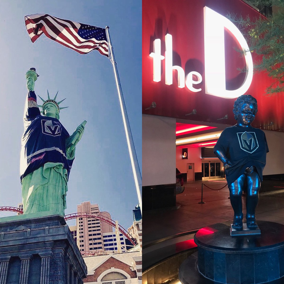 JAdimoolah's tweet photo. The cutest #StatueCouple in Las Vegas dressed alike today! 
@DerekJStevens 
@NYNYVegas 
@Whitney_Gen  📸 Cred (50%)
@GoldenKnights https://t.co/wx5aYS4KVG