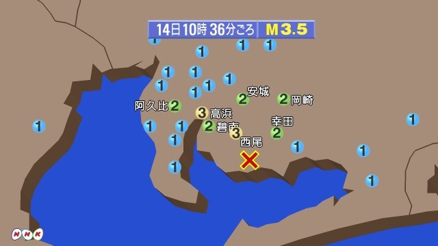 Gft Na Twitteru 午前から愛知で地震相次ぐ 地震情報 4月14日10時36分頃 震源 深さ愛知県西部 10km マグニチュード3 5 震度3 西尾市 高浜市 震度2 岡崎市 碧南市 安城市 阿久比町 幸田町 震度1 恵那市 名古屋港区 名古屋守山区 名古屋緑区 豊橋市 半田市 豊川市 刈谷