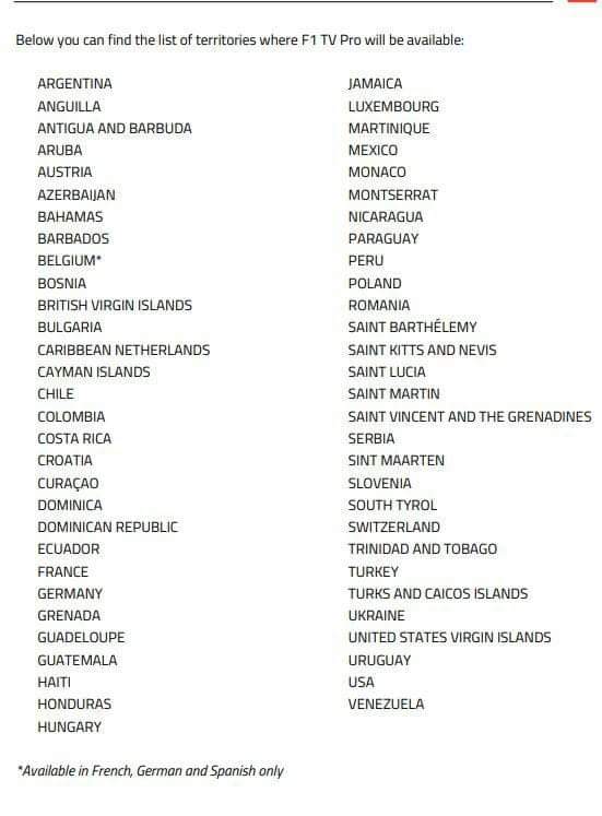 f1 tv pro available countries