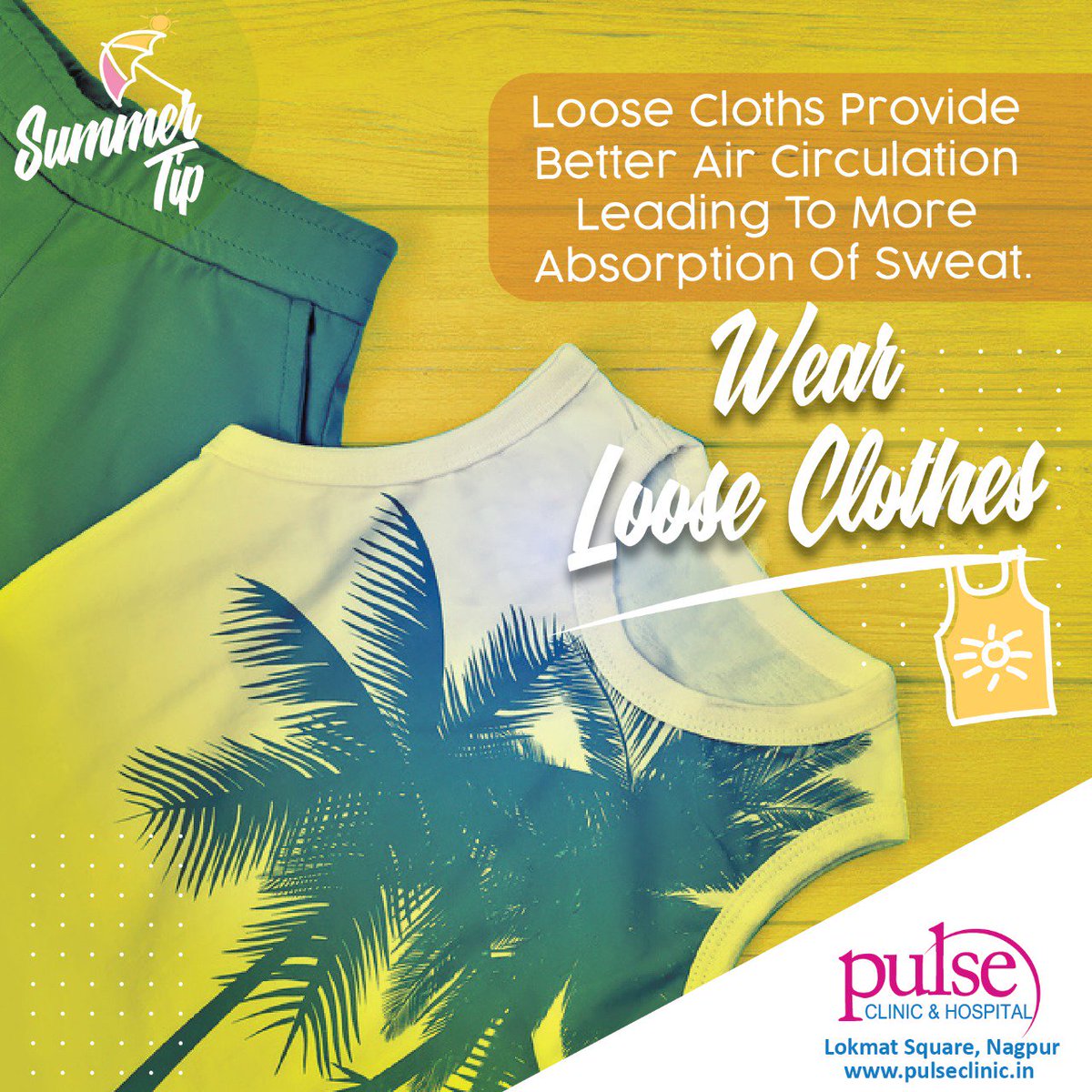 We should wear #looseclothes in #SummerHairdration because during summers we tend to #sweat a lot . Cotton clothes provide better #aircirculation leading to more absorption of sweat and thus gives a #coolingeffect to us.
#summertime #pulseclinic