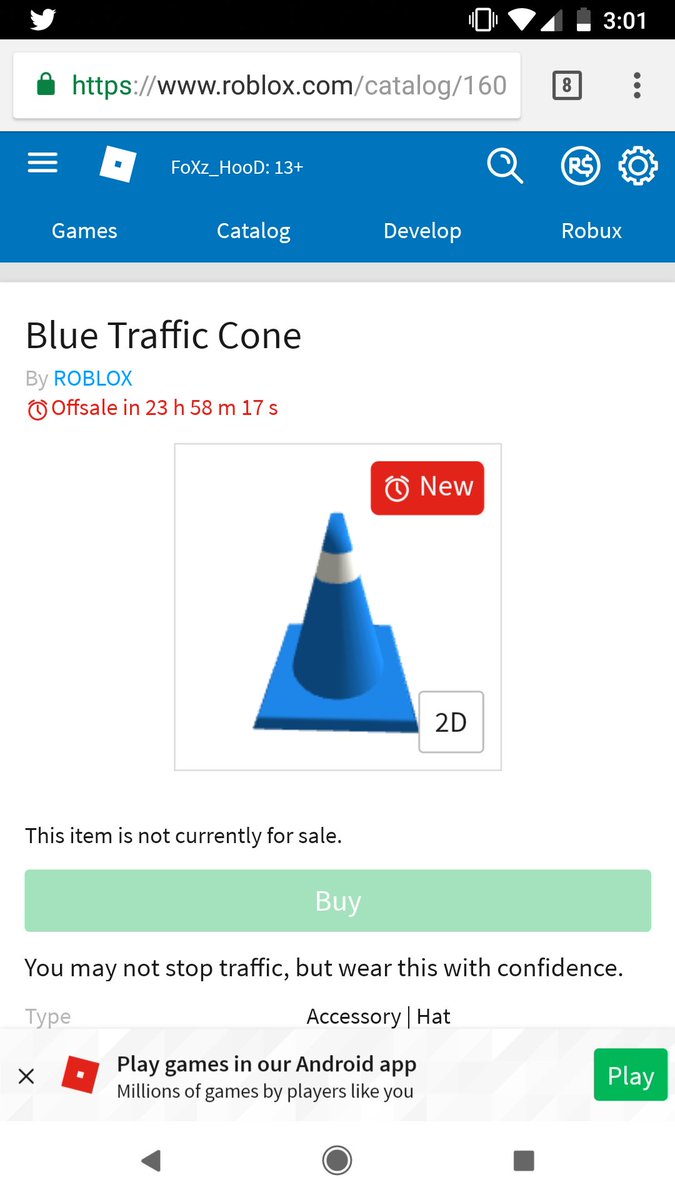 Roblox Notifier On Twitter New Hat Blue Traffic Cone Timer 23 Hours Https T Co Y1r9jig8du - blue traffic cone blue traffic cone roblox