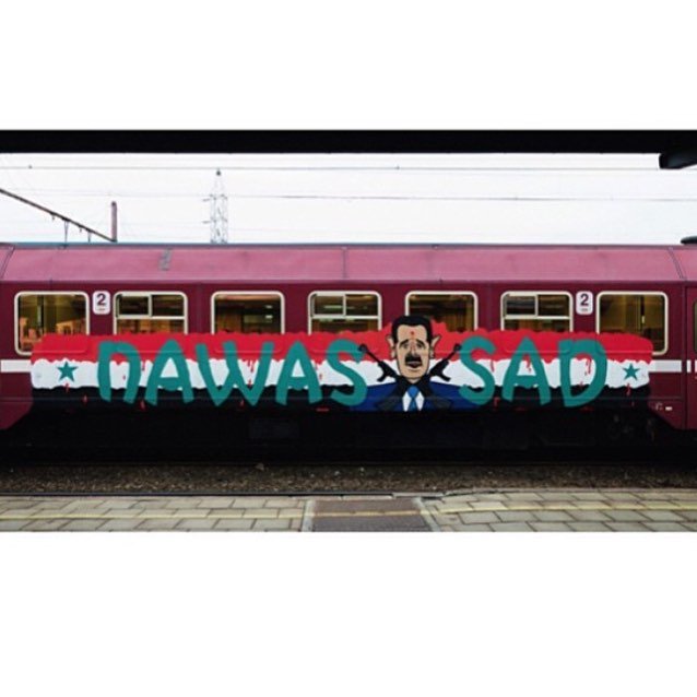 PaintedTrains's tweet photo. A #nawas burner from some years ago, where they put a bullet in Assad's head. Still hoping someone does that 🔫⚰️
#nmbs #sncb #SyriaStrikes #syria https://t.co/Um4ZMUeOUW