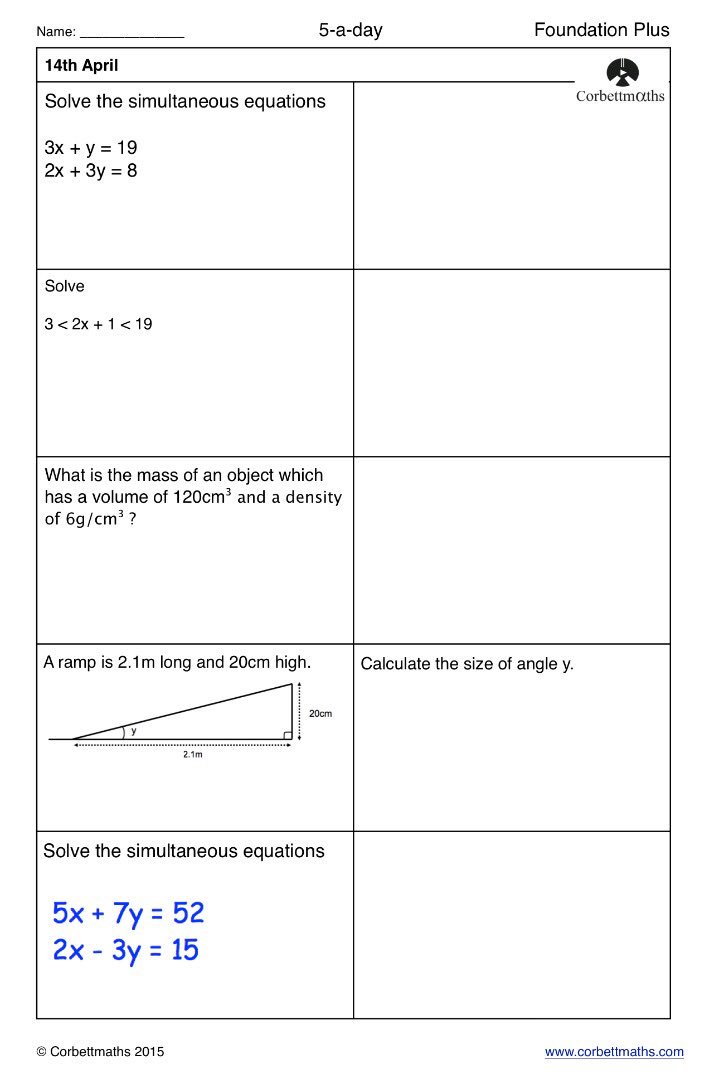 Corbettmaths's tweet photo. Studying for Foundation GCSE Maths? Try today's Foundation or the challenging Foundation Plus  #corbett5aday #maths5aday answers: https://t.co/0TUWL69rQe https://t.co/v5hlDJQ7bO