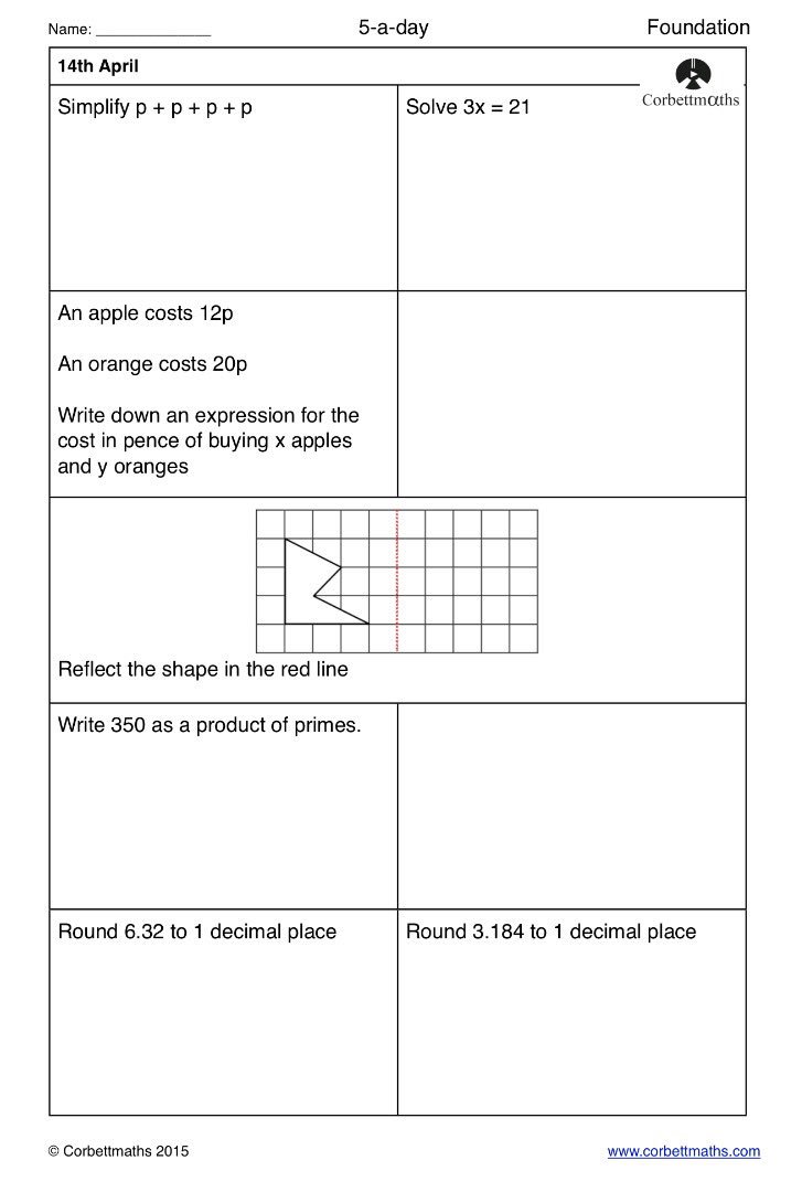 Corbettmaths's tweet photo. Studying for Foundation GCSE Maths? Try today's Foundation or the challenging Foundation Plus  #corbett5aday #maths5aday answers: https://t.co/0TUWL69rQe https://t.co/v5hlDJQ7bO
