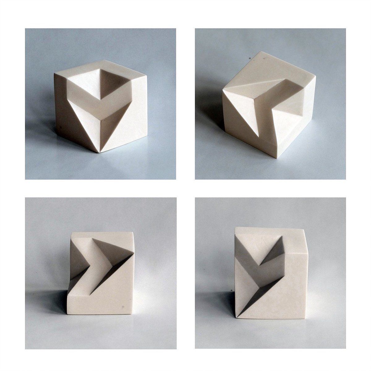 Tomás Padros Cruz - small minimal abstract solids, powdered clay and resin, 4.5 cm - one of a series of tiny sculptures that can be turned and placed on all sides to create different shadow effects. #tomaspadroscruz #barcelonaartist #smallsculptures #abstractsculpture #geometric