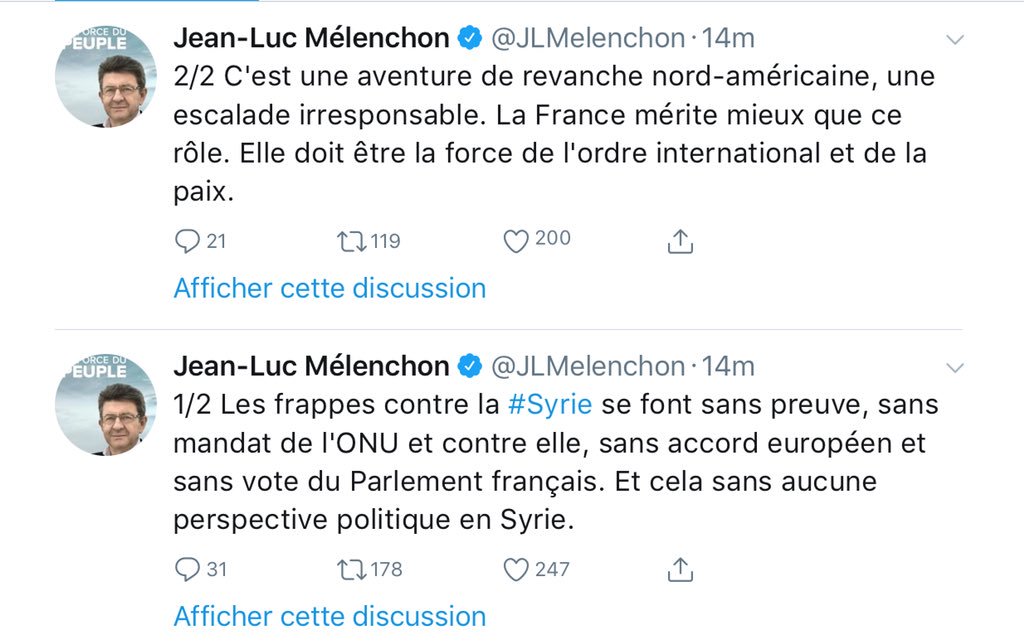 quatremer's tweet photo. Donc le @FN_officiel et @FranceInsoumise (et tous les groupuscules radicaux style UPR) condamnent en coeur les frappes contre Assad qui massacre sa population avec l’aide des Russes. Pro-Poutine, europhobe, nationaliste (l’Europe qui défait la F), que de points communs #émouvant https://t.co/rpMBlihQYb