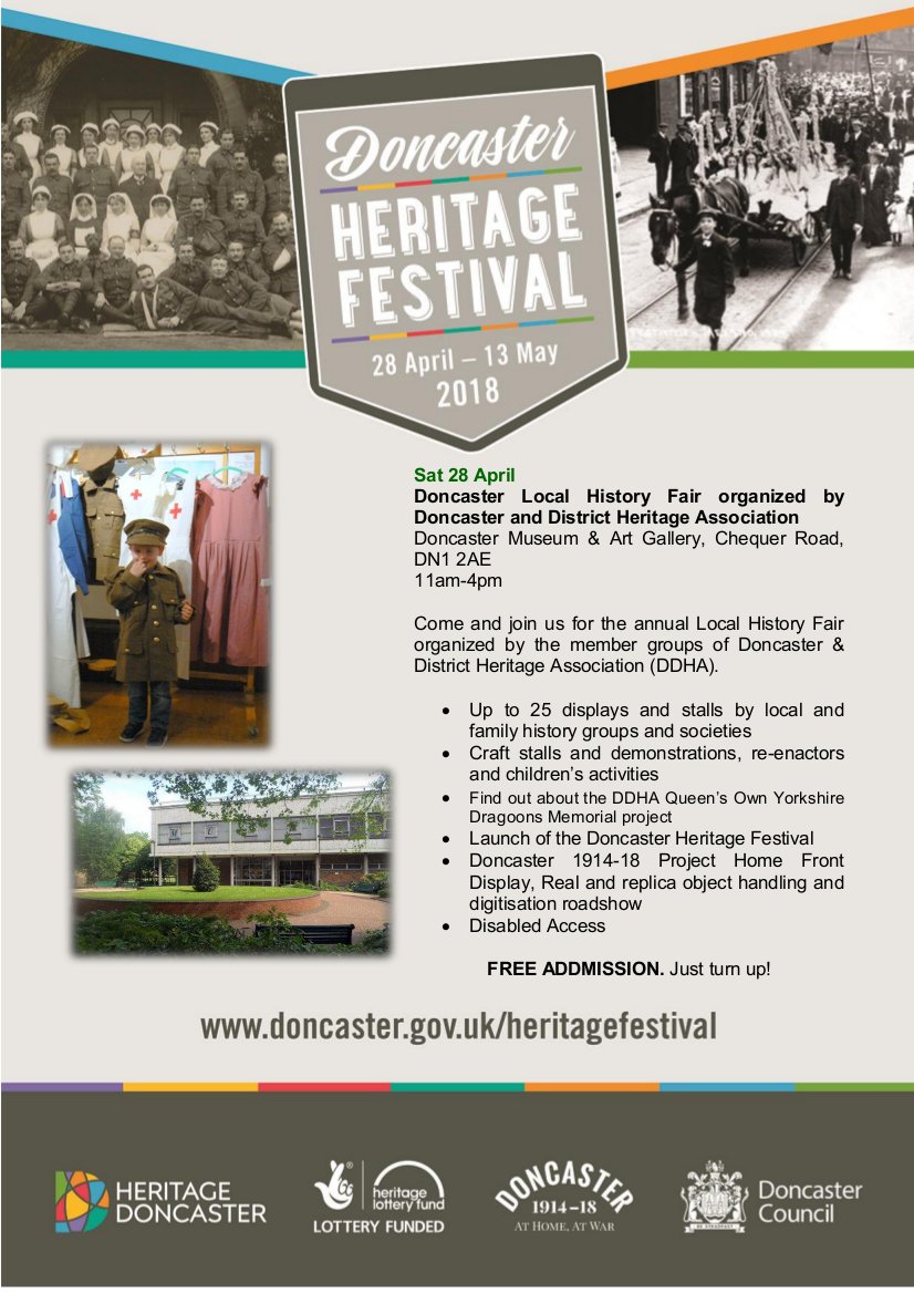 Only 2 Weeks until the start of this years #DoncasterHeritageFestival! Pop along to the Doncaster Local History Fair @DoncasterMuseum on sat 28 April between 11am-4pm, there will be fun for all the family! and.....its free!!