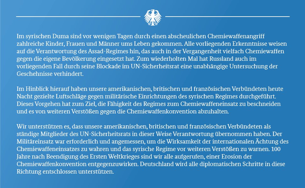 Steffen Seibert Pa Twitter Kanzlerin Merkel Zu Den Militarschlagen Der Usa Grossbritanniens Und Frankreichs In Syrien