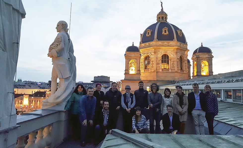 ECORD_IODP's tweet photo. The #IODP #ICDP outreach group ends its visit on the rooftop @NHM_Wien! Thanks to Ludovic Ferriere, Curator of meteorite and rock collections, for having welcomed us! #EGU18 https://t.co/ZiYwFpElxF
