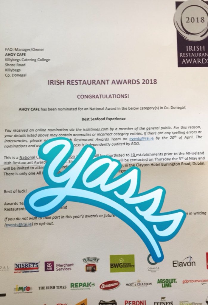 We were over the moon to receive this in the post yesterday🐟🦐🦀🐟🐟😘. A nomination for a national #seafoodexperience award.  #killybegs #wildatlanticway #restawards #FoodOscars