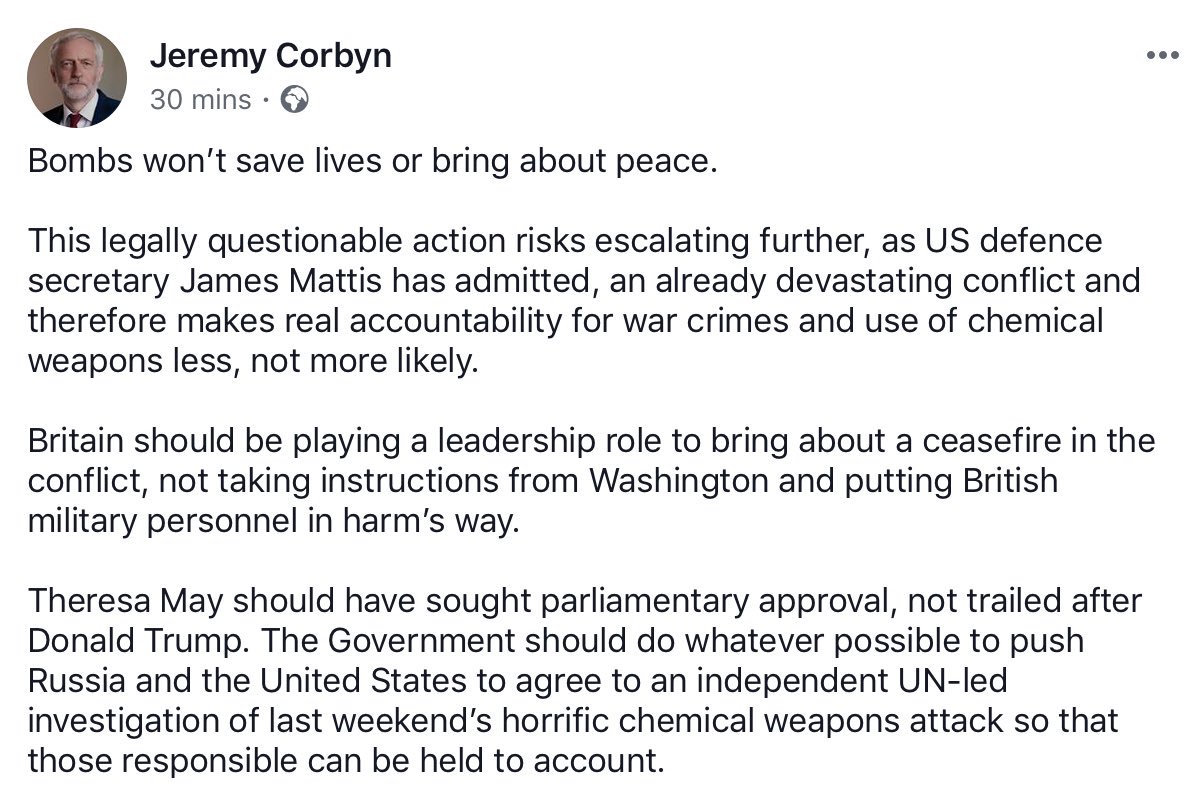Jeremy Corbyn’s statement on the Syria attacks, if you can’t see his Facebook post