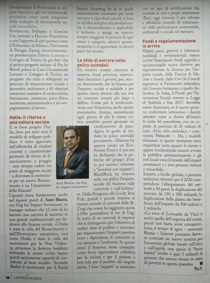GioMelandri's tweet photo. Su  "L'Impresa", mensile del @sole24ore, un bel approfondimento di @paolastringa sui protagonisti del movimento internazionale dell' #impactInvesting. @HUMANFdn @SIAita_ @GSGimpinv https://t.co/kszkRIQqjo