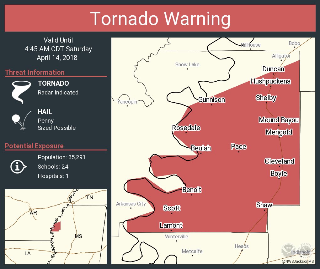 Tornado Warning including Cleveland MS, Shelby MS, Shaw MS until 445