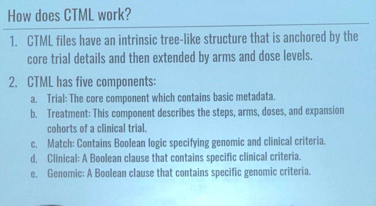 aftimosp's tweet image. Homogeneous structuring of eligibility criteria accross trials is needed for efficient trial matching, thus Clinical Trial Markup Language (CTML) #PrecisionMedicine #PrecisionOnc #AACR18