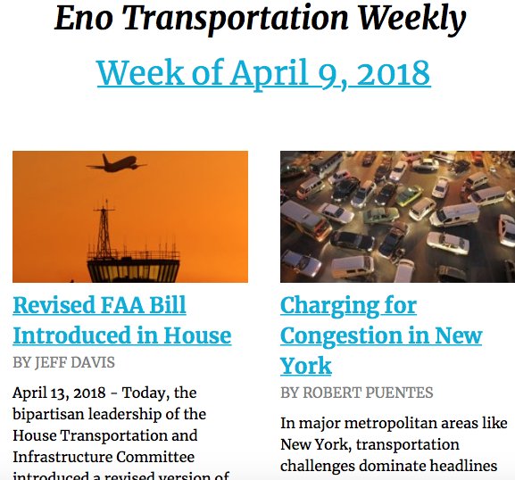 For your weekend reading, don't miss the latest <a href="/EnoTranspoWkly/">Eno Transportation Weekly</a>:
enotrans.org/eno-transporta…

<a href="/FAANews/">The FAA ✈️</a> bill
#CongestionPricing
<a href="/Uber/">Uber</a>'s new announcements
Sec Chao's approps hearing
 <a href="/USCBO/">U.S. CBO</a>'s estimates about the highway trust fund solvency
More!