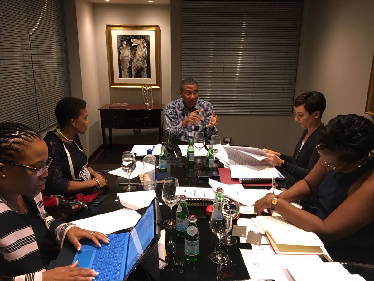 kaminajsmith's tweet photo. Preparation is always key. At the 8th Summit of the Americas @AndrewHolnessJM Amb #AudreyMarks #JADelegation team https://t.co/5kd9naJKY9