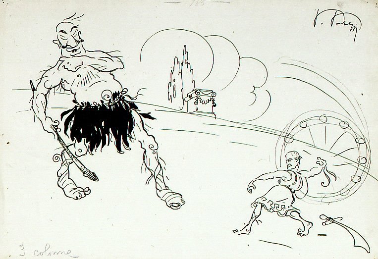 Caricatura per Guerin Meschino, 1919, inchiostro di china su carta. Tre anni prima della marcia su Roma, il Davide Mussolini sfida con la fionda il Golia Giolitti. Il 23 marzo 1919 Mussolini fonda i Fasci di combattimento: una settimana dopo, #Portaluppi pubblica questa vignetta.