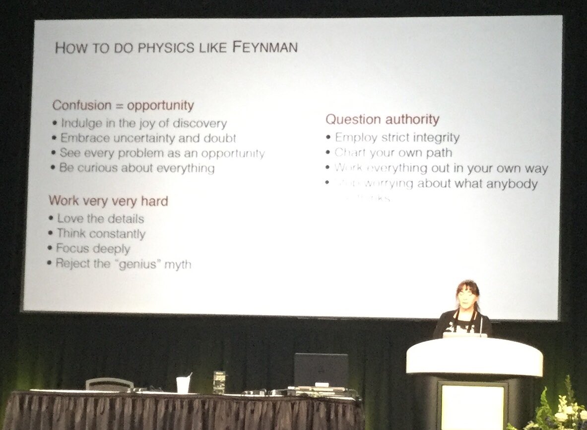 hamishljohn's tweet photo. How to do physics like Feynman. Confusion = Opportunity, work very hard, question authority. And Roxanne Springer adds, don’t make assumptions about who can be a good scientist #apsapril https://t.co/LGZWvfhwQ6