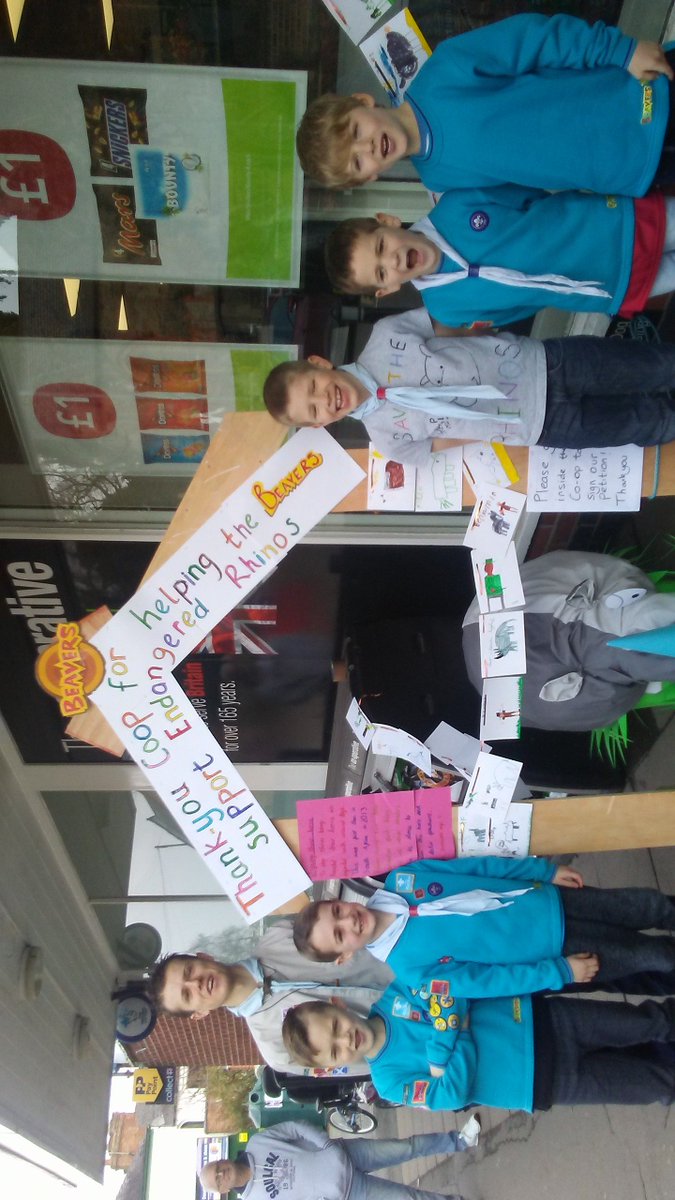 Leic_CYCs's tweet photo. 109th Leicester Beavers giant rhino is now outside Countesthorpe @coopuk ! Go and have a look and sign our petition. The Beavers decided to help save Endangered Rhinos for this year's Community Impact project! @scoutimpact 
#youshape
- Jack https://t.co/pIfyZRUHX0