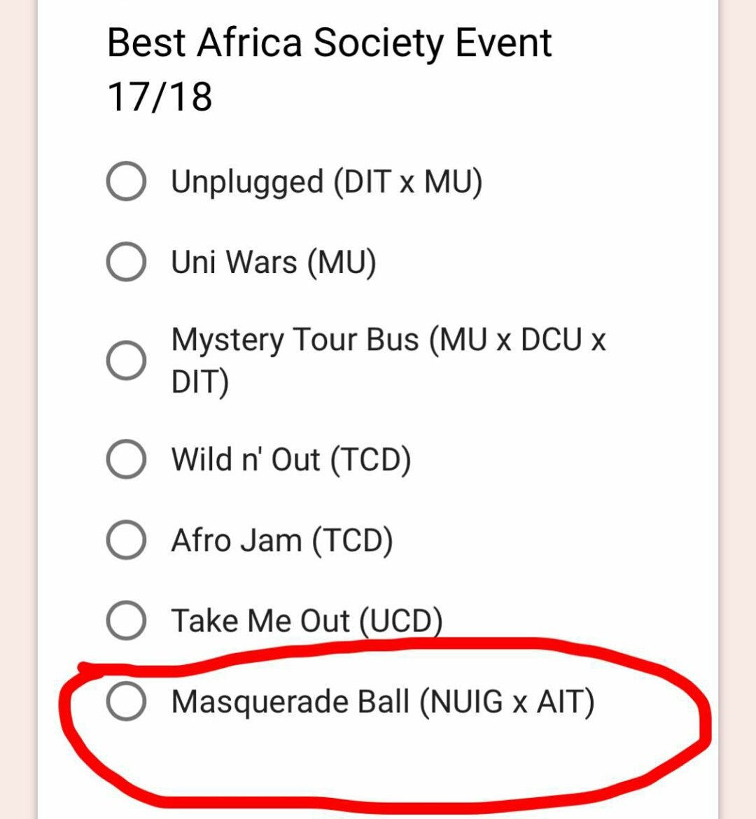 ACSNUIG's tweet photo. Hey guys. Our masquerade ball with @AIT_ACS has been nominated for Best Africa Society Event 2017/2018 for DCU's Cultural awards evening. Follow the link below to vote for us!!!

https://t.co/Yb6wHx3arf https://t.co/AHlo0i1DFd