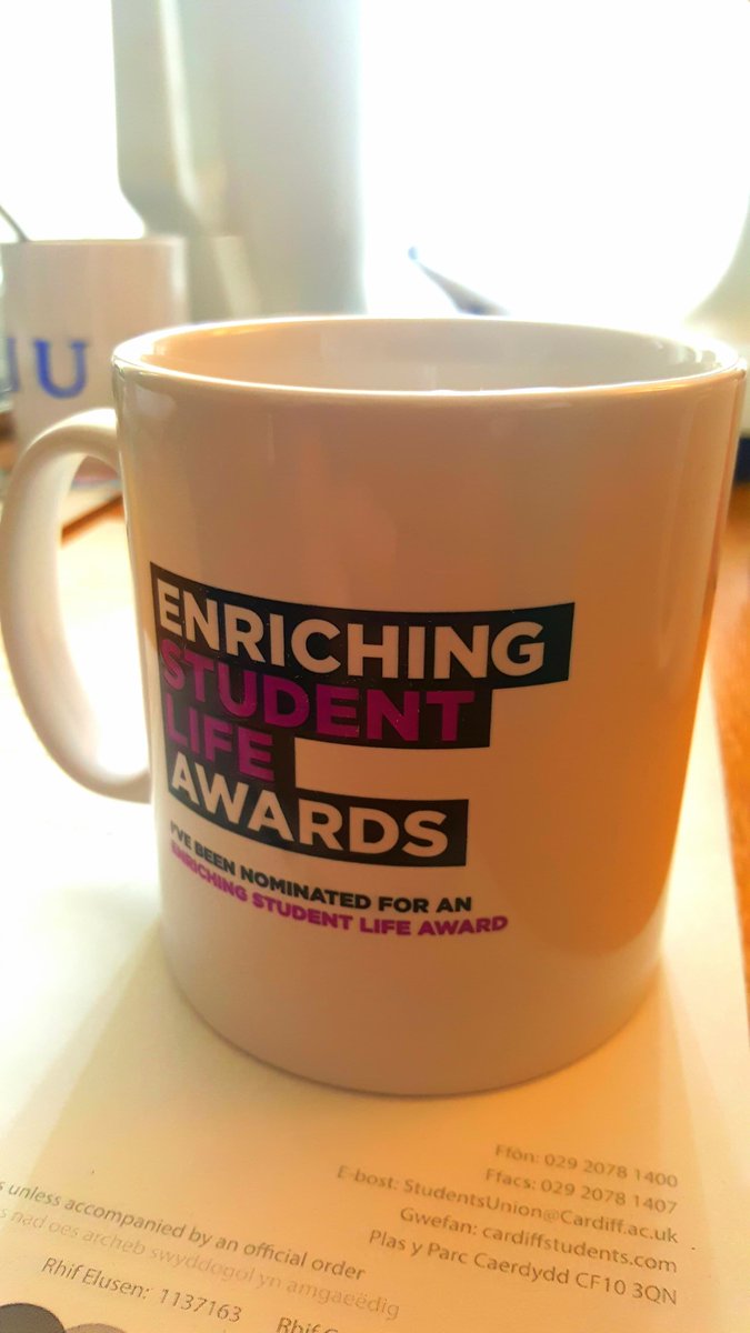 Dan_Bickerton's tweet photo. Honoured beyond! Dropped into my office today (naughty, I know!) to find out that I've been nominated for 2 Enriching Student Life Awards. I even get this mug! Thank you to whoever nominated me; it means an awful lot and comes as a huge surprise! #ELSA18 @cardiffunimusic https://t.co/5qGZS5Mghk