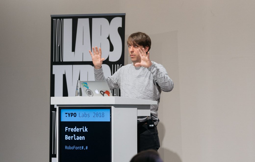 TYPO_Labs's tweet photo. In sync with technology: Frederik Berlaen (@typemytype) presenting Python 3 in the third version of the @RoboFont platform. #typolabs18 #variablefonts #nonlatin #typedesign #subsetting #fonttechnology #fontengineering #howfarcanwego https://t.co/Hsoi9RXRw5